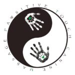 Yin-yang logo with human hand prints that have pawprints with hearts in the palms. Around the edge of the circle reads "Pawsitive Touch Canine Massage"